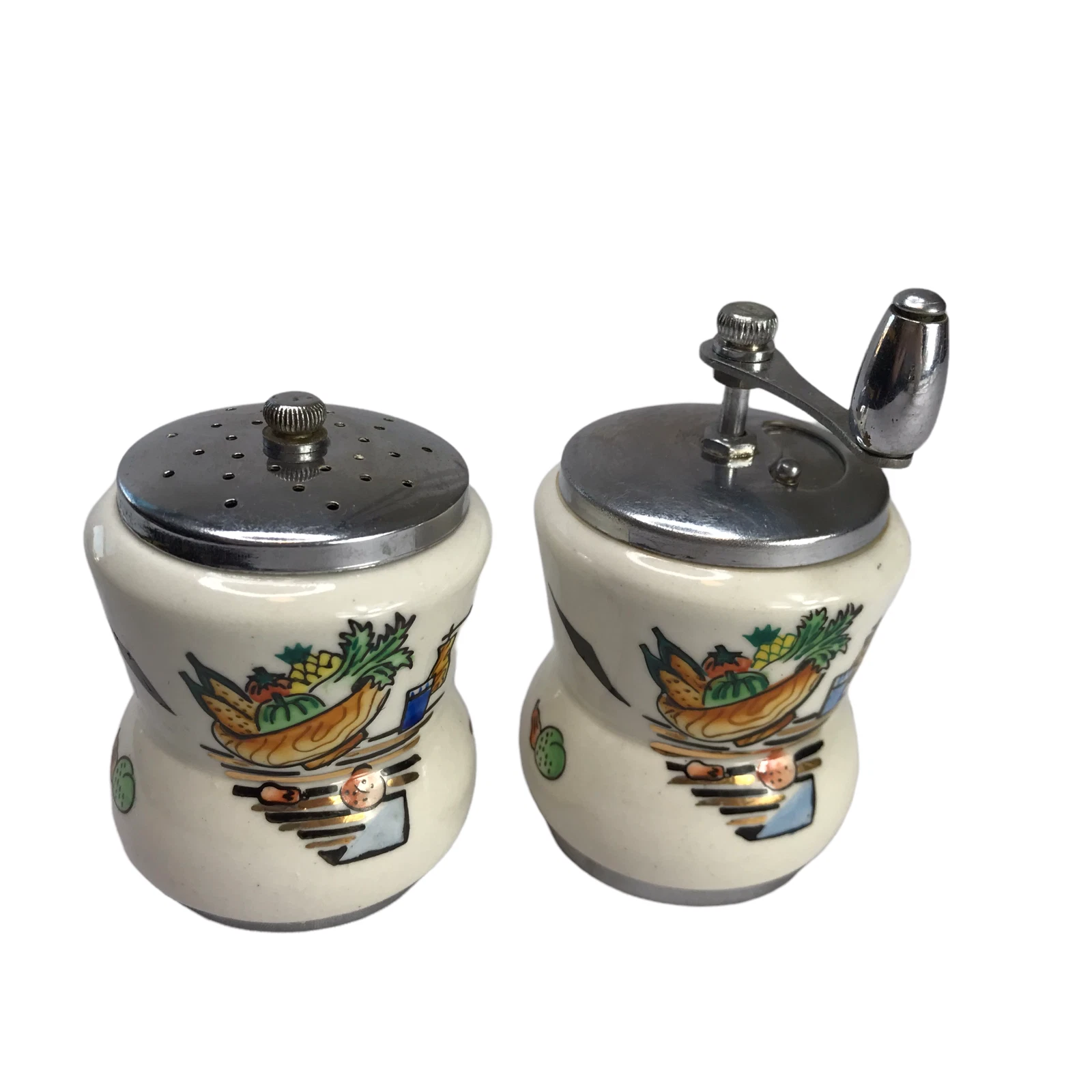 Set Two Salt Pepper Shakers Pepper Grinder White Ceramic Woodpecker Woodware