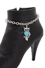 Women Silver Metal Chains Boot Bracelet Shoe Turquoise Blue Color Owl Bird Charm