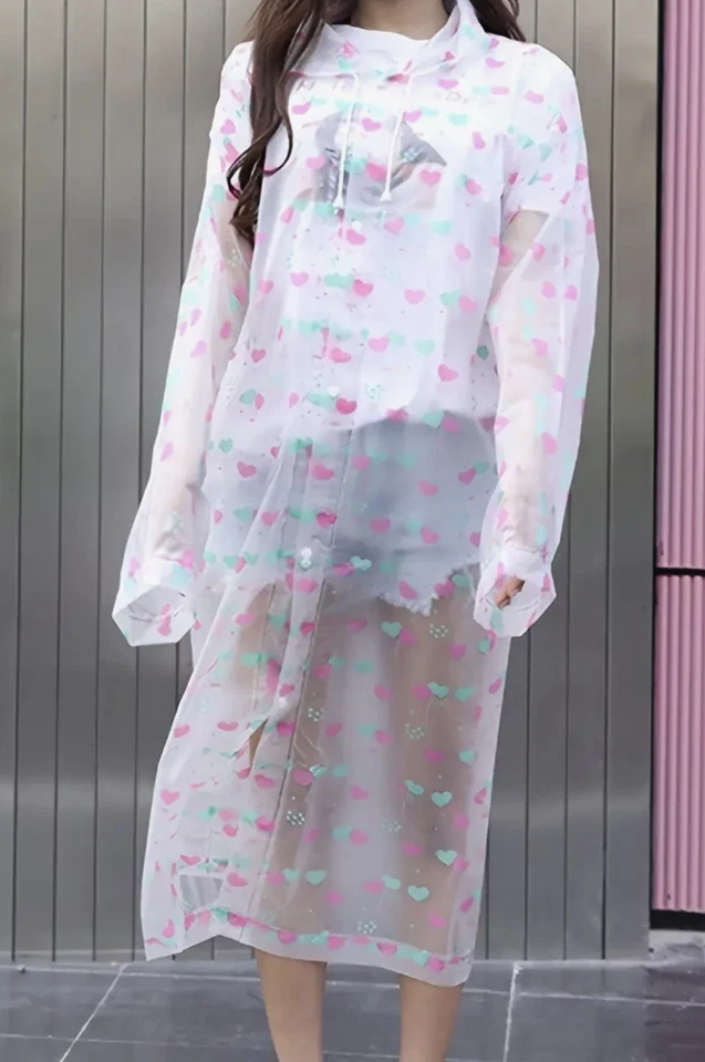 Womens Raincoat Thickened Waterproof Rain Coat Mac Transparent with Hearts - Image 2 of 4