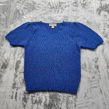 Vintage Worthington Sweater Womens L Blue V-Neck Short Puff Sleeve Pullover