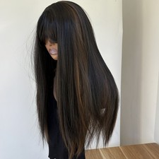 Cosplay Wig With Bangs Synthetic Hair Long Straight Black Brown Women