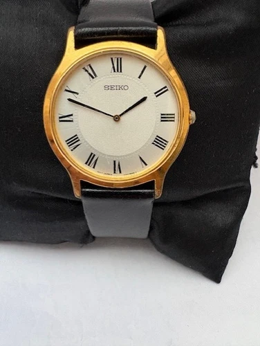 Seiko Mens Slim Vintage Quartz Gold Plated  Leather Strap Watch V700-8A10