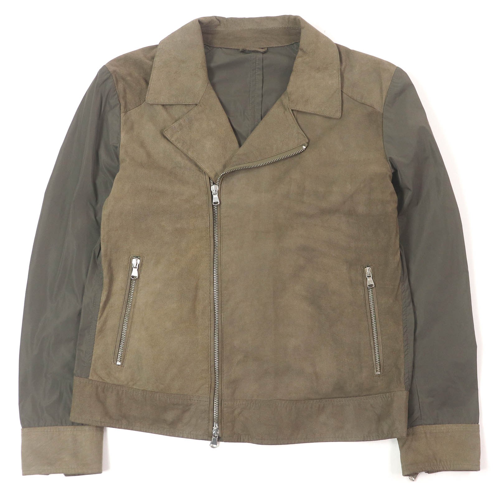 Emmeti Nylon Switch Suede Lamb Leather Single Rider Jacket Khaki Size 46