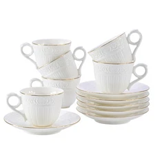 3 Ounce Porcelain Espresso Coffee Cups & Saucers Set Handcraft Golden Trim Se...