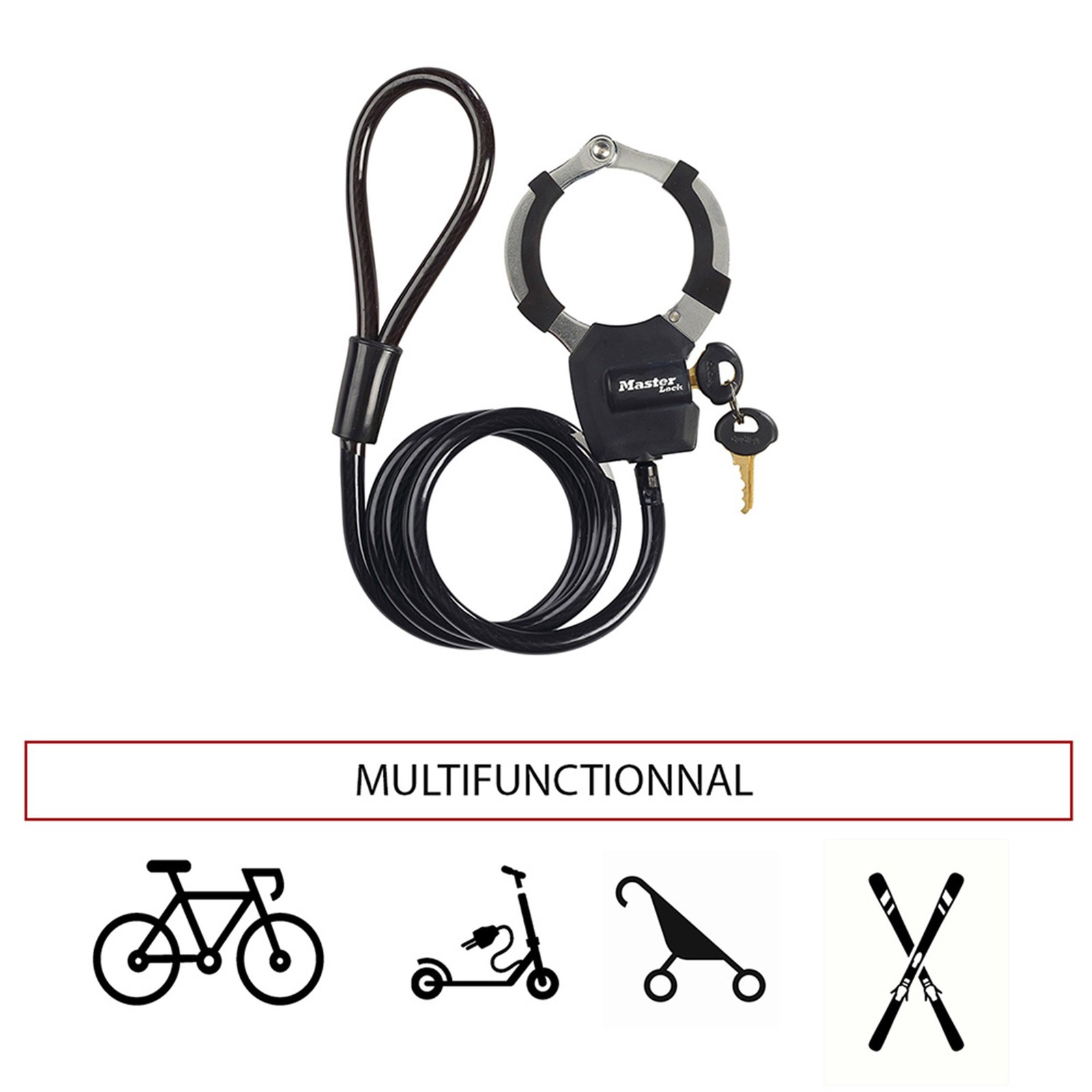 Antivol velo et trottinette Master Lock Street Cuff avec cable a boucle en acier cémenté noir