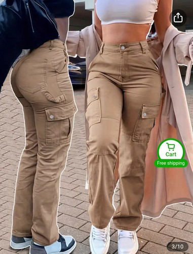 Womens Cargo Trousers High Waisted Straight Leg Size S/M (10-12UK) Khaki Brown - Picture 3 of 10