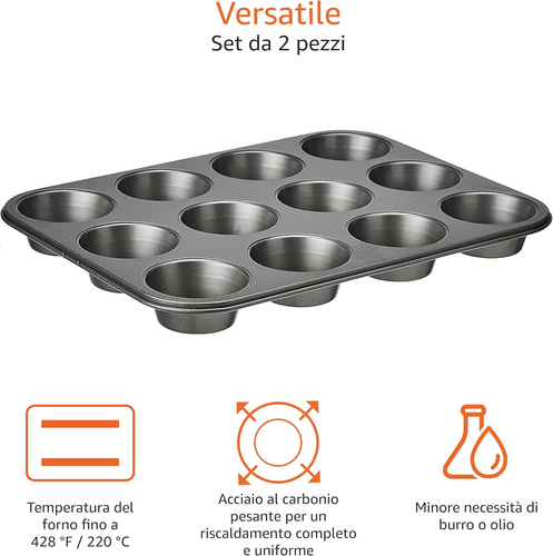 Rotondo Teglia Antiaderente per Muffin, in Acciaio Al Carbonio, Confezione Da 2, - Foto 3 di 12