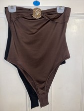 Shein Brown Bodysuit Top Gold Circle Bandeau Sz M Bnwt Chocolate Zara  