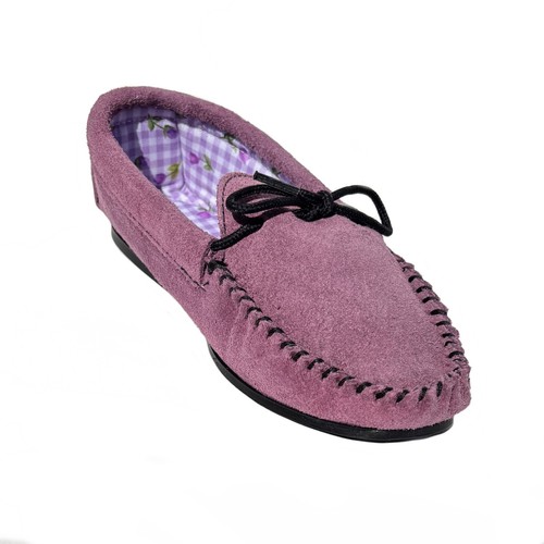 Ladies Moccasin Slippers Heather Hard Sole Real Suede Floral Lining UK Coopers - Picture 3 of 7