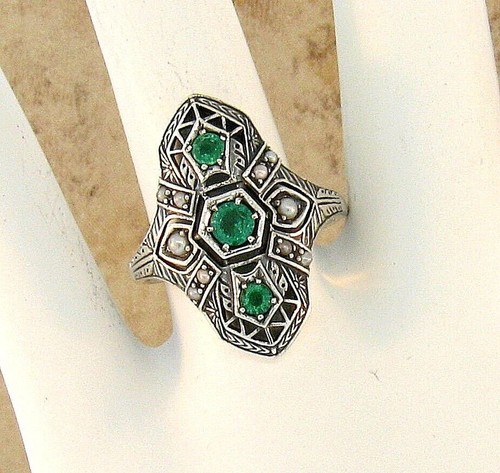 GENUINE EMERAL & PEARL 925 STERLING SILVER FILIGREE ART DECO STYLE RING    #363 - Picture 1 of 4