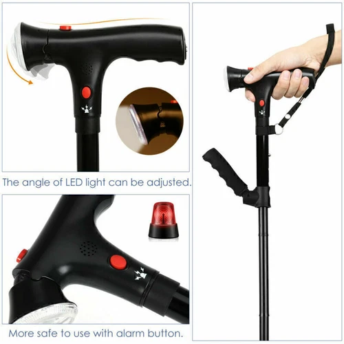 Elder Folding Walking Stick Walking Cane Height Adjustable LED Light Alarm - Picture 5 of 12