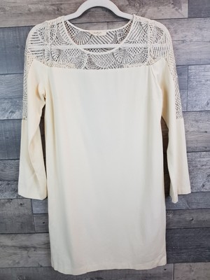ba&sh Pantera Spitzenkleid Gr. 0 UK 6 Elfenbein Ecru Wollmischung Langarm Rücken