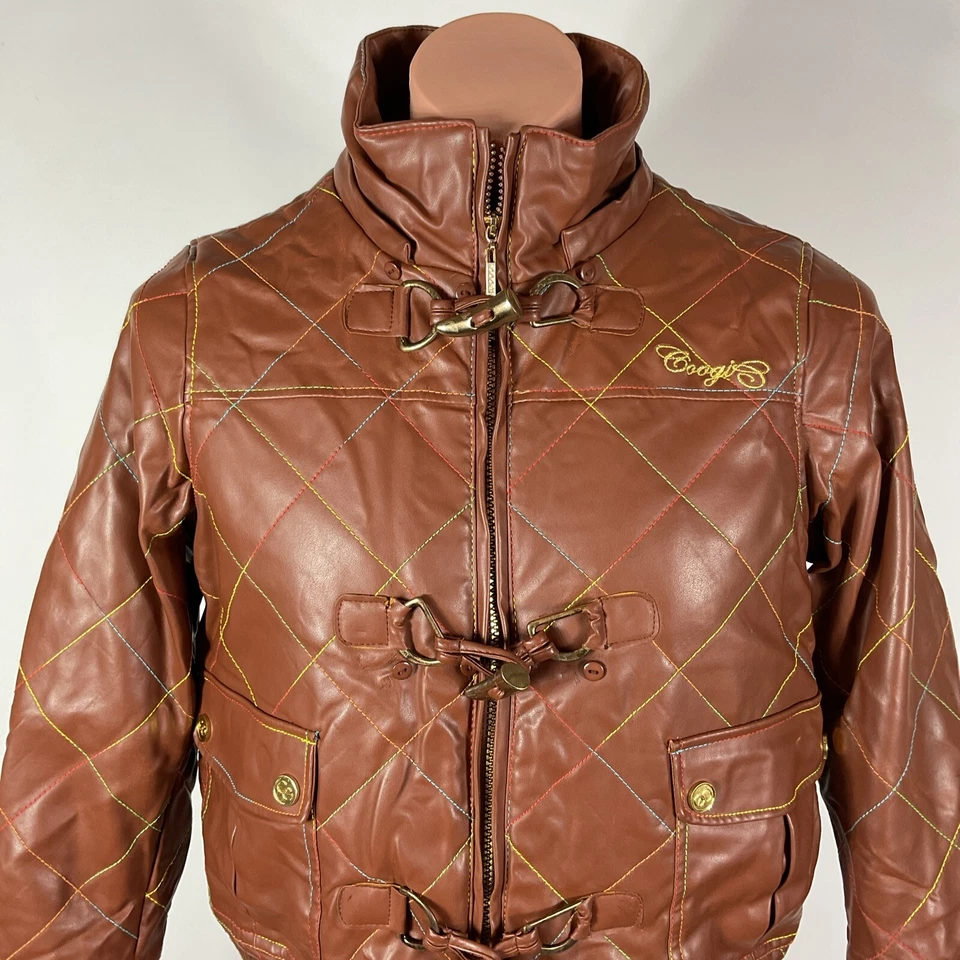 Chaqueta de bombardero y2K Coogi para mujer marrón imitación cuero moto arco iris a cuadros palanca L Foto 4 de 4