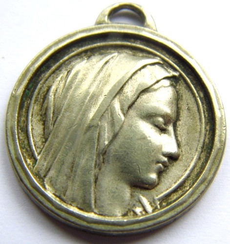 Large Vintage Silver Blessed Virgin Lady Immaculate Holy Medal Fob St Bernadette