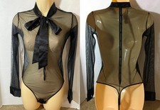 VICTORIA'S SECRET SHEER Mesh Satin THONG Bodysuit Teddy Long Sleeve Vtg 2017 S