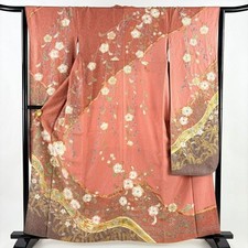Woman Japanese Kimono Furisode Silk Flower Silver thread Gold Foil Red Pink 160