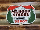 VINTAGE MOUNT HOOD STAGES PORCELAIN SIGN RARE OLD MOTORCOACH BUS LINE SHIELD CAR