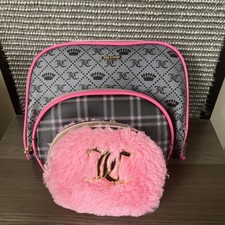 Juicy Couture Makeup Cosmetic Travel Bag Set Of 3 Pink Faux Fur New