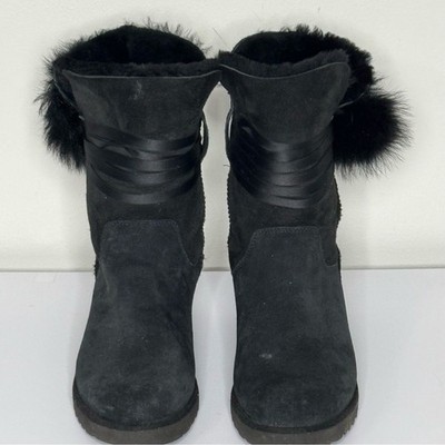 UGG Brita Women s Black Suede Wool Satin Lace Sheepskin Pom Ankle Boots Size 8.5