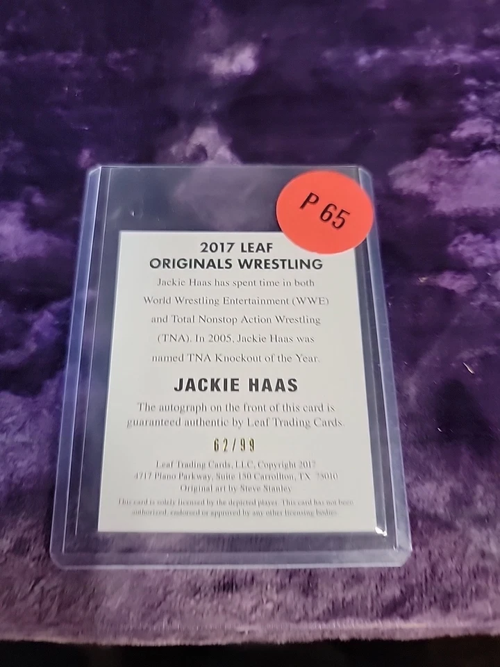 Tarjeta firmada por Jackie Haas 2017 Leaf Originals Wrestling automática tinta azul amarilla 99 Foto 3 de 3