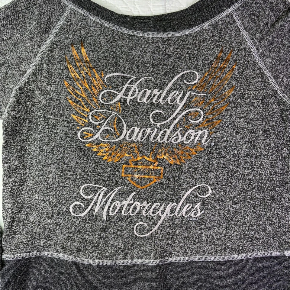 Harley-Davidson Sweatshirt Womens Large Gray Off Shoulder Wide Neck Wings Logo - Image 2 of 4