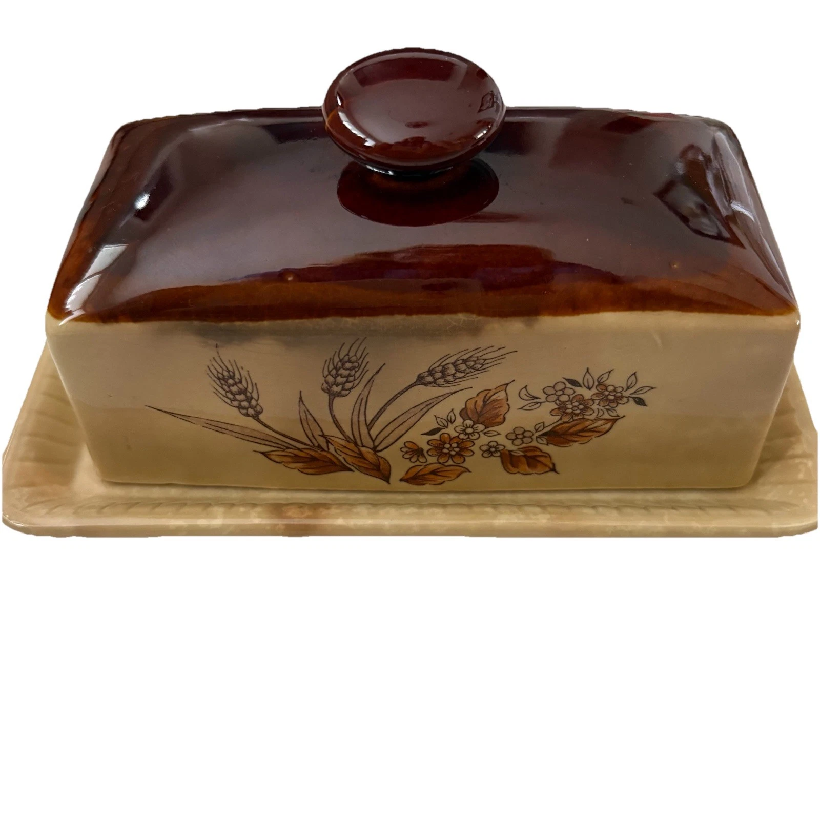 Vintage Butter Dish Autumn Wheat Stoneware Made in Japan, MCM, Fall colors w/Lid
Opens in a new wind