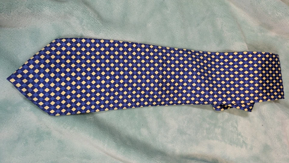 River Island Geometric Diamond Blue Yellow 100% Silk Tie Mens Formal Office - Image 2 of 4