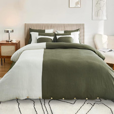 Linen Duvet Cover Set Twin Size - Soft Green Striped Comforter Pillow Sham