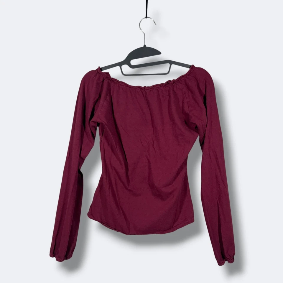 Y2K American Eagle Outfitters L/s Top Womens S Burgundy Off Shoulder Smocked - Image 4 of 4