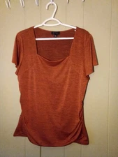 AB Studio Blouse Women XL Short Sleeve Square Neck Lined Side Gathers Brown