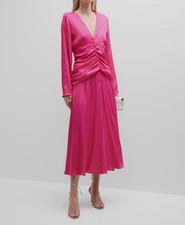 Farm Rio Women's Pink Ruched Long-Sleeve V-Neck A-Line Dress Size Large