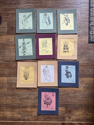 Vintage Lot Of 10 African Aztec Tribal Hand Drawn Matted Ink Drawings Signed