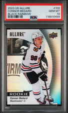 Graded 2023 Upper Deck Allure Connor Bedard 102 Black Rainbow Rookie Card PSA 10