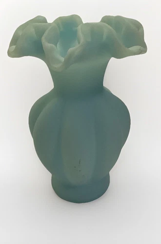 Vtg Fenton Blue Satin Glass Ruffled Top Melon Vase 5.5”