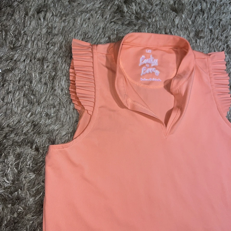 Lucky in Love Girls 14 Large Coral Peach Sleeveless Pleated Shoulder Tennis Top - Image 4 of 4