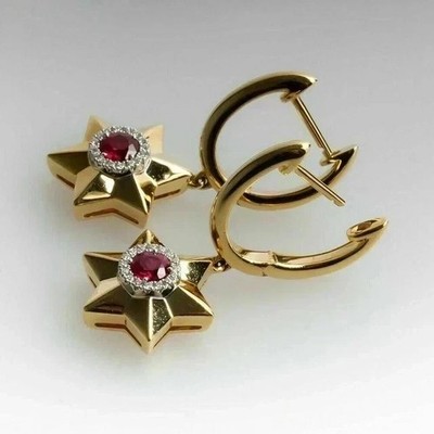 Round Cut Simulated Pink Ruby Women's Drop Earrings In 14k Yellow Gold Plated