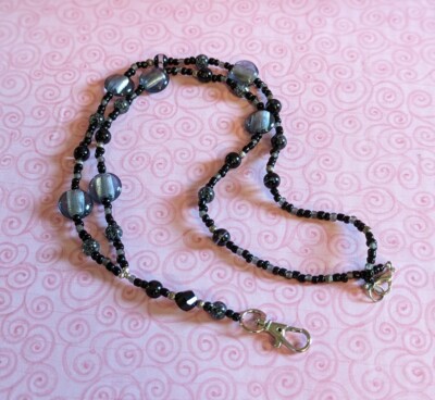 Handmade Black Glass Acrylic Beaded Lanyard I.D. Badge Tag Holder Necklace 29''