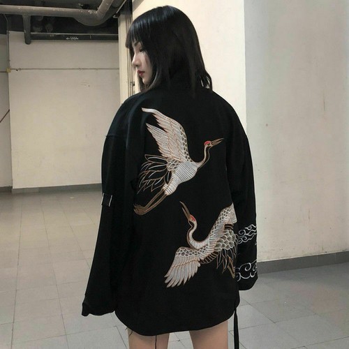 Lady Japanese Yukata Coat Kimono Outwear Retro Crane Top Black Chic - Picture 3 of 8