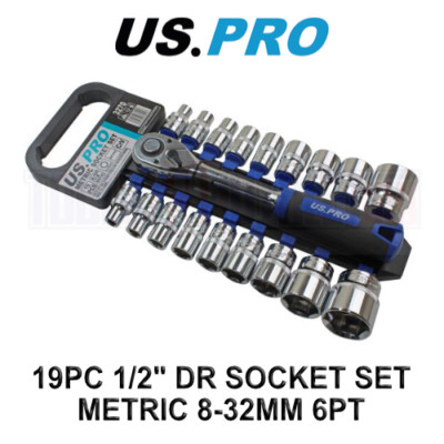 US PRO Tools 19 Stck. 1/2'' dr metrischer Steckschlüsselsatz, Steckdosen, Ratsche 8 bis 32 mm 3270