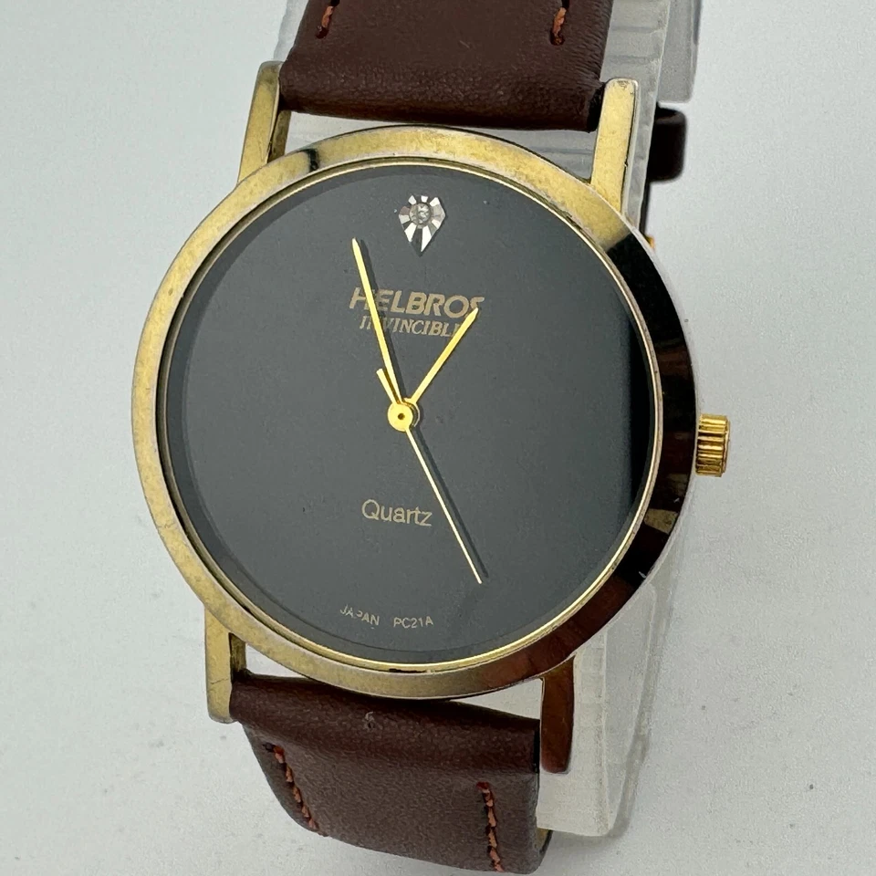 复古 Helbros 石英手表 男女通用 金色 黑色 钻石皮革 全新电池 — 第 2/4 张图片