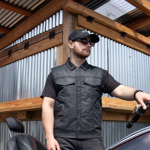 Gilet Moto Milwaukee Pelle 3030 Uomo Nero Cerato Rivestito Denim Stile Club - Foto 4 di 10