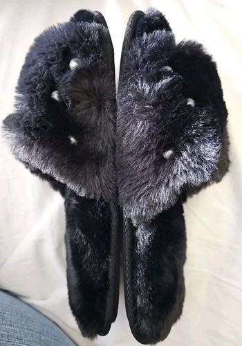Pearl Slide Slippers Black Womens Shoe Size XL 11/12 Fuzzy New