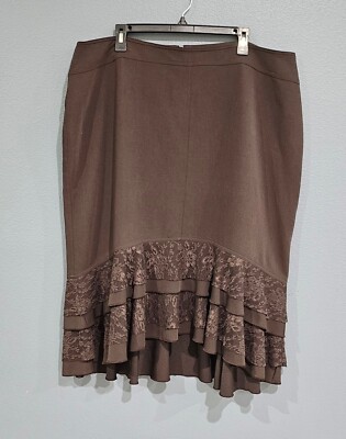 PERSONA Project Brown Ruffled Lace Tiered Hem A-Line Midi Skirt Waist 40''/3XL