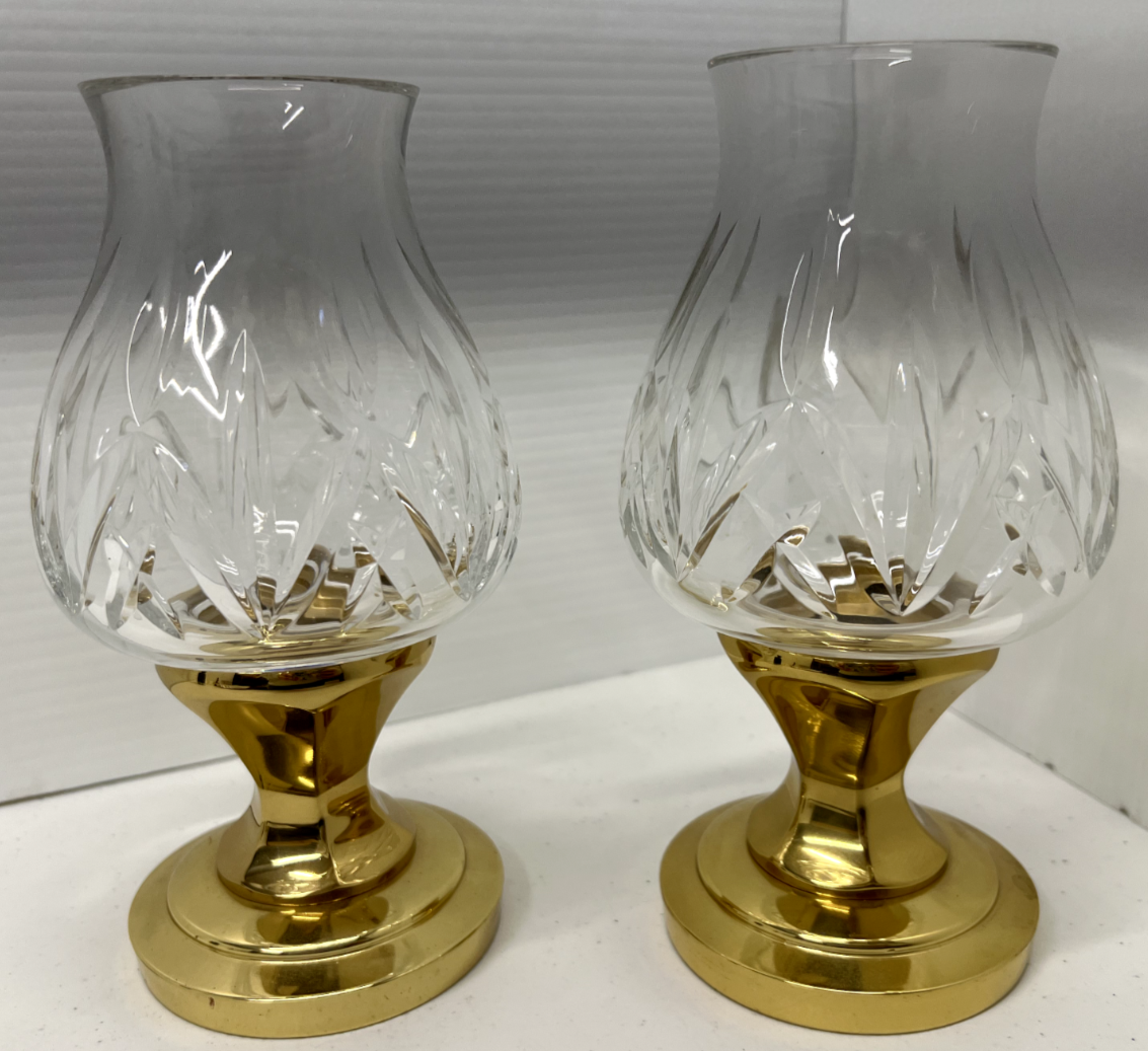 Waterford Crystal Hurricane Candle Holder With Heavy Brass Base 7.5