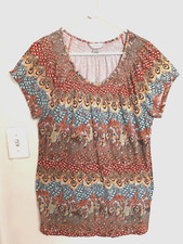 CJ Banks Womens Blouse 1X Plus Paisley Brown Blue Green Tunic Shirt Short Sleeve