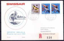 Switzerland 1970 First flight cover from Geneva to Douala, Birds on stamps