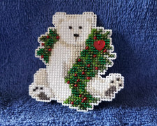 Holiday Polar Bear, Beaded Cross Stitch Refrigerator Magnet, Made in the USA