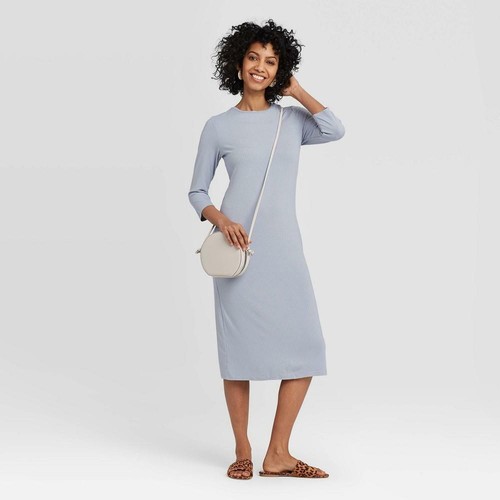 Women's Long Sleeve Rib Knit Dress - A New Day Blue M