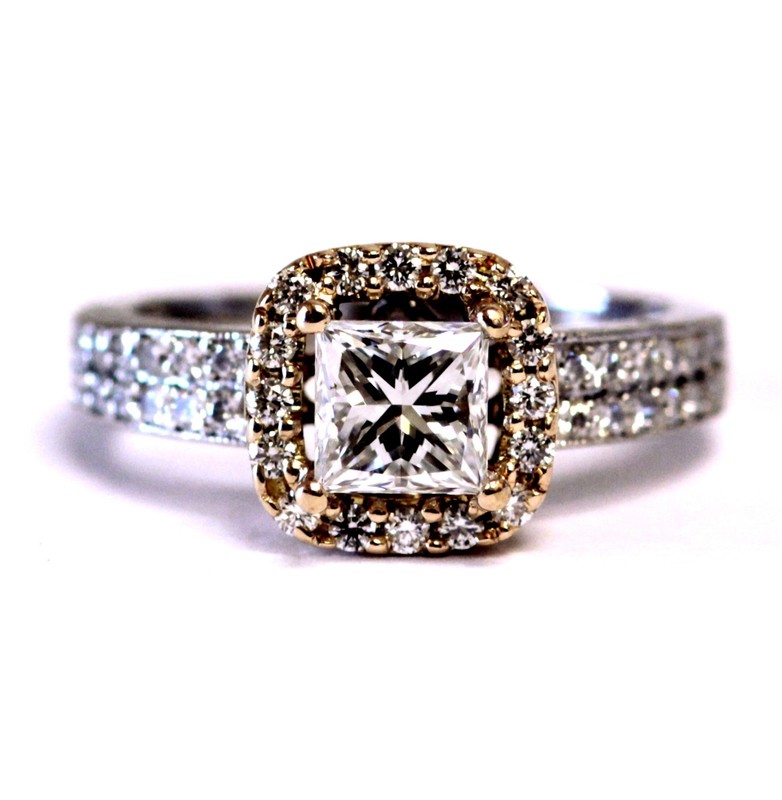 GIA 18k gold platinum 1.50ct VS1 G princess diamond halo engagement ring 6g rare