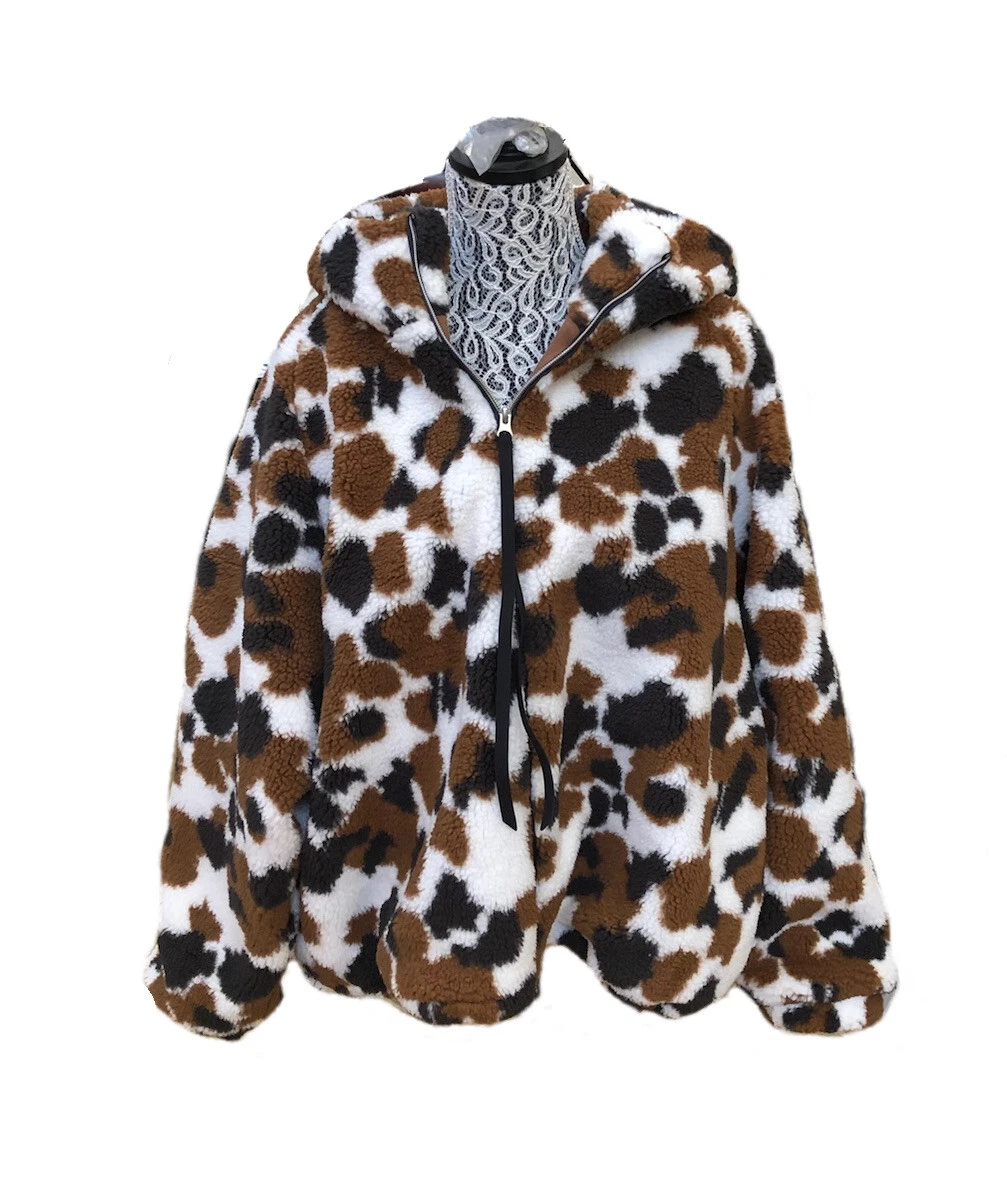 UGG OLYMPIA CHESTNUT COW PRINT SHERPA HOODIE FAUX FUR JACKET COAT